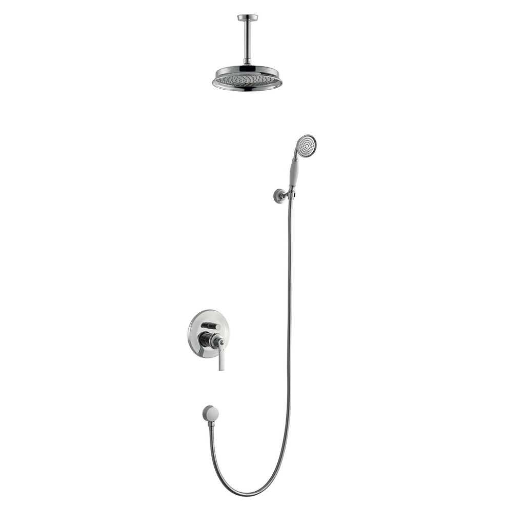 DAX Shower System, Round Rainfall Shower Head with Shower Trim Mixer and Hand Shower, Wall Mount, Brass Body, Chrome Finish with White Handle (DAX-8339-CR)