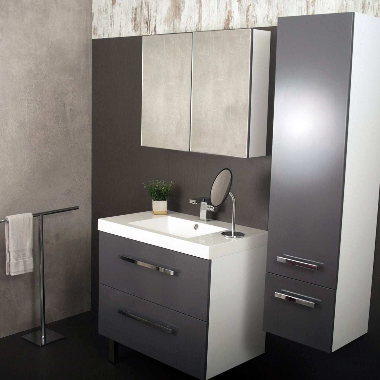 DAX MS800F Grey Single Vanity Cabinet with White Ceramic Sink, Side Cabinet and Medicine Cabinet Mirror, 2 Drawers with Soft Close, Width 32 Inches (DAX-MS800F-GREY)