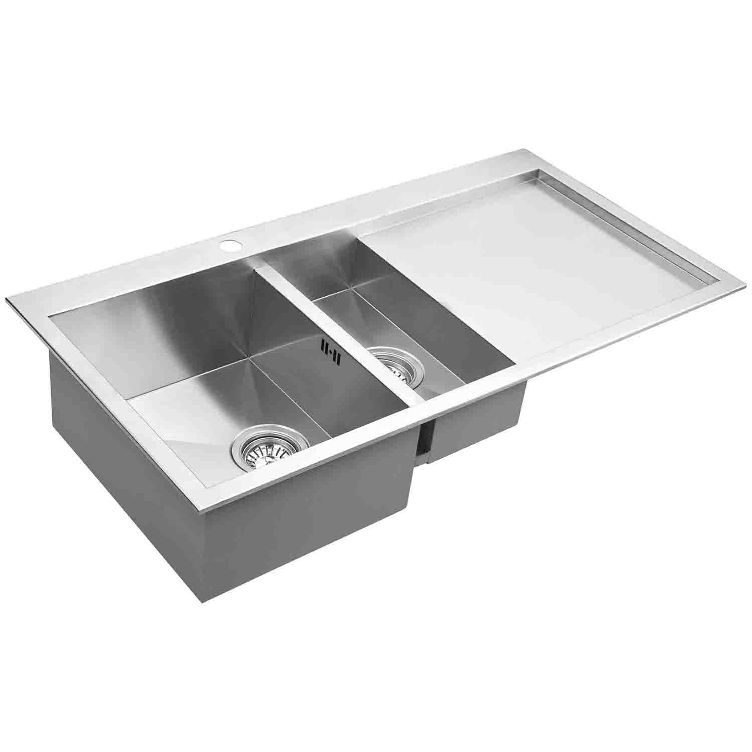 DAX Handmade Double Bowl Top Mount Kitchen Sink with Draining Board, 18 Gauge Stainless Steel, Brushed Finish, 34 x 20 x 8 Inches (DAX-AT100DP)