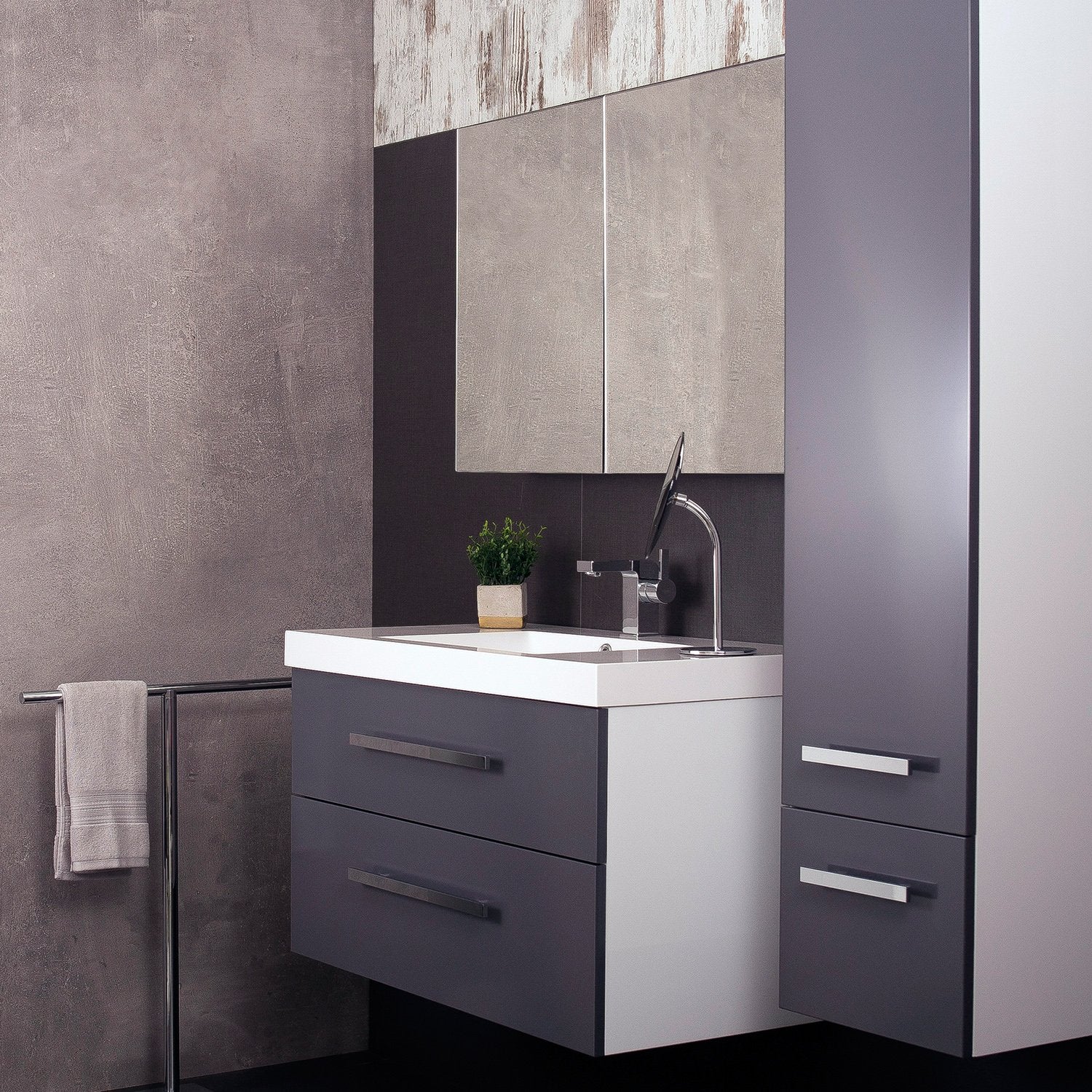 DAX MS900B Grey Single Vanity Cabinet with White Ceramic Sink, Side Cabinet and Medicine Cabinet Mirror, 2 Drawers with Soft Close, Width 36 Inches (DAX-MS900B-GREY)