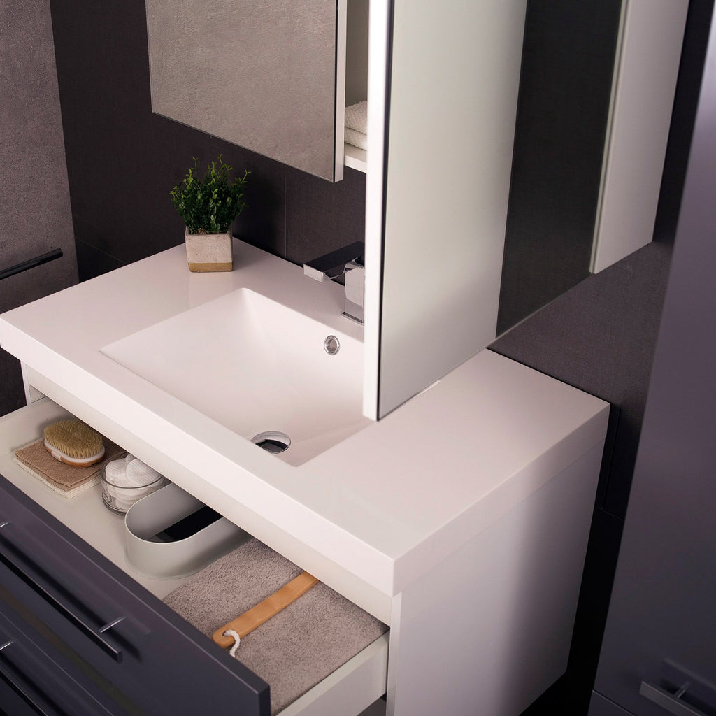 DAX MS900B Grey Single Vanity Cabinet with White Ceramic Sink, Side Cabinet and Medicine Cabinet Mirror, 2 Drawers with Soft Close, Width 36 Inches (DAX-MS900B-GREY)