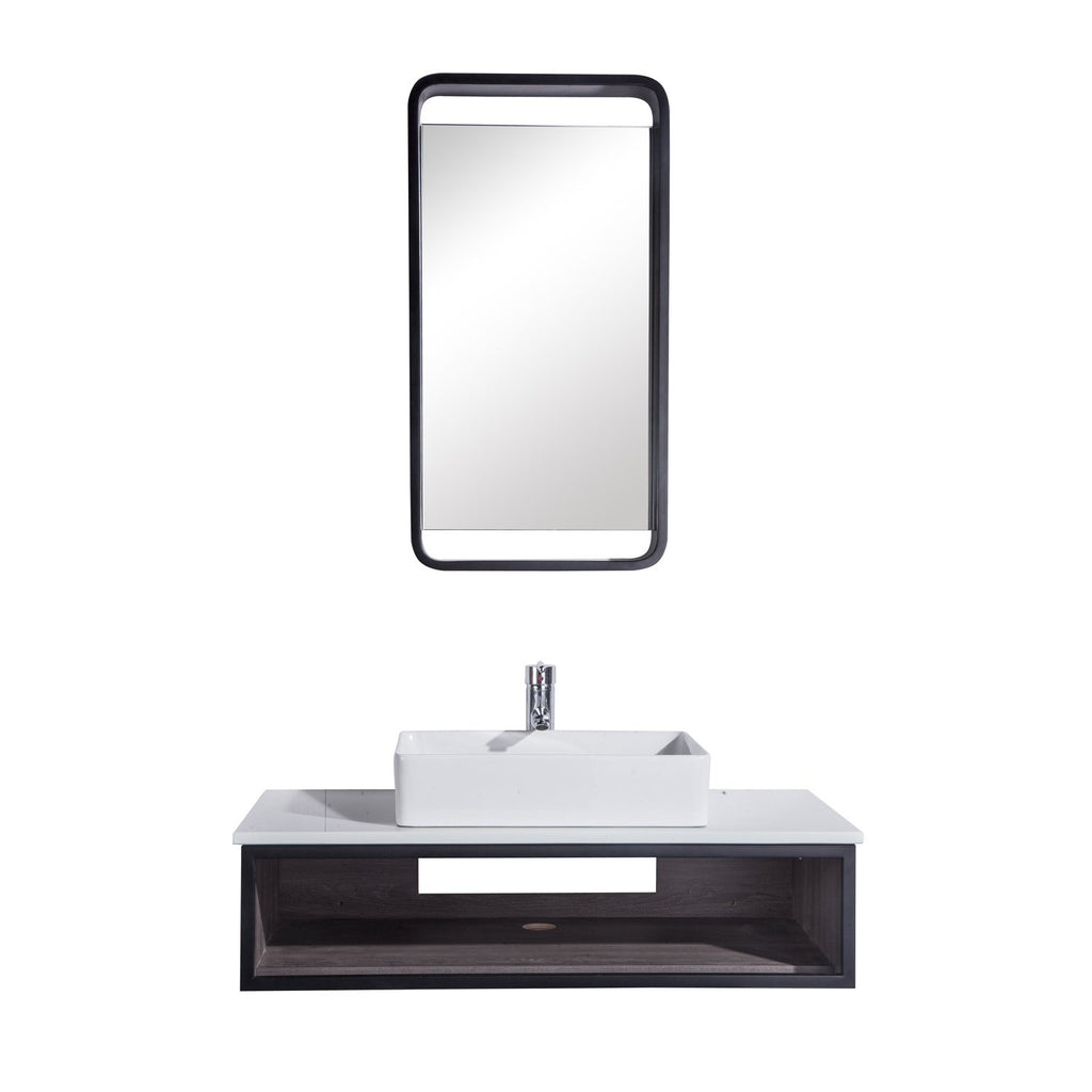 36" Single Vanity Cabinet Set, Wall Mount, Mirror and White Ceramic Vessel Sink with Gloss White Glass Countertop and Shelf, ELM Finish, Citta Collection by DAX