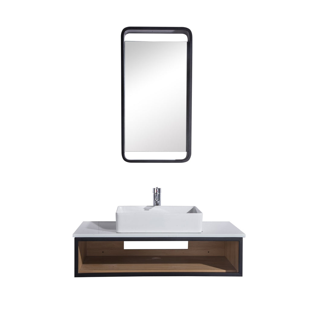 36" Single Vanity Cabinet Set, Wall Mount, Mirror and White Ceramic Vessel Sink with Gloss White Glass Countertop and Shelf, Ash Finish, Citta Collection by DAX