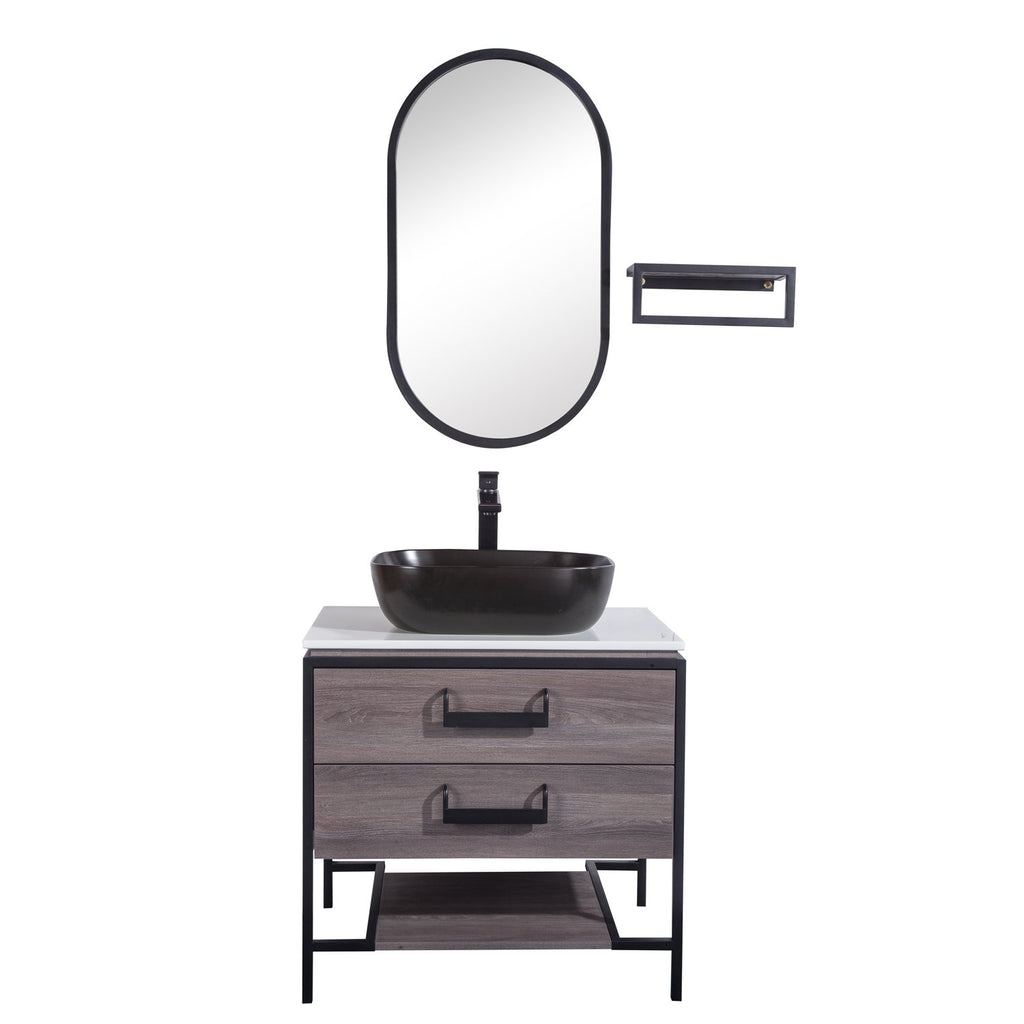 30" Single Vanity Cabinet Set, Floor Mount, Mirror and Black Ceramic Vessel Sink with Gloss White Glass Countertop, 2 Drawers and Shelf, ELM Finish, Harper Collection by DAX