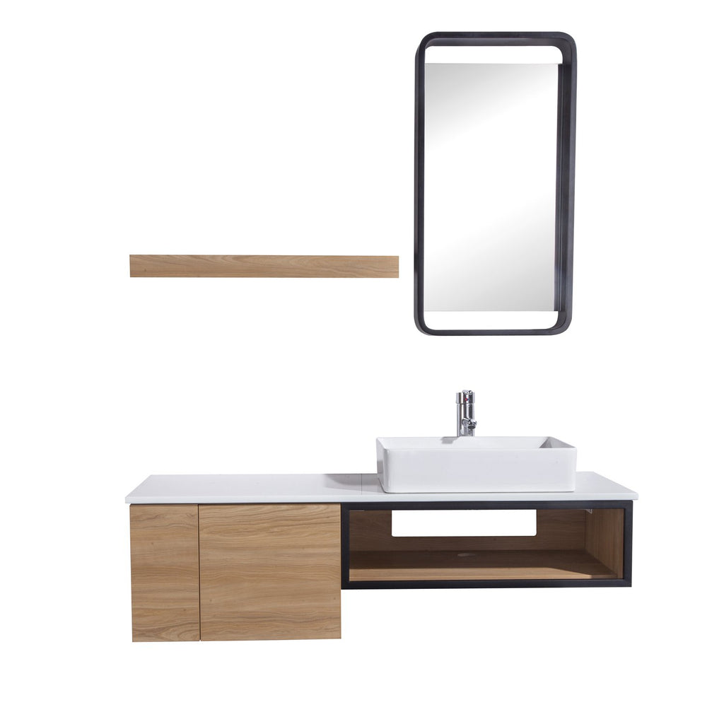 48" Single Vanity Cabinet Set, Wall Mount, Mirror and White Ceramic Vessel Sink with Gloss White Glass Countertop, Cabinet with Shelves, Ash Finish, Citta Collection by DAX
