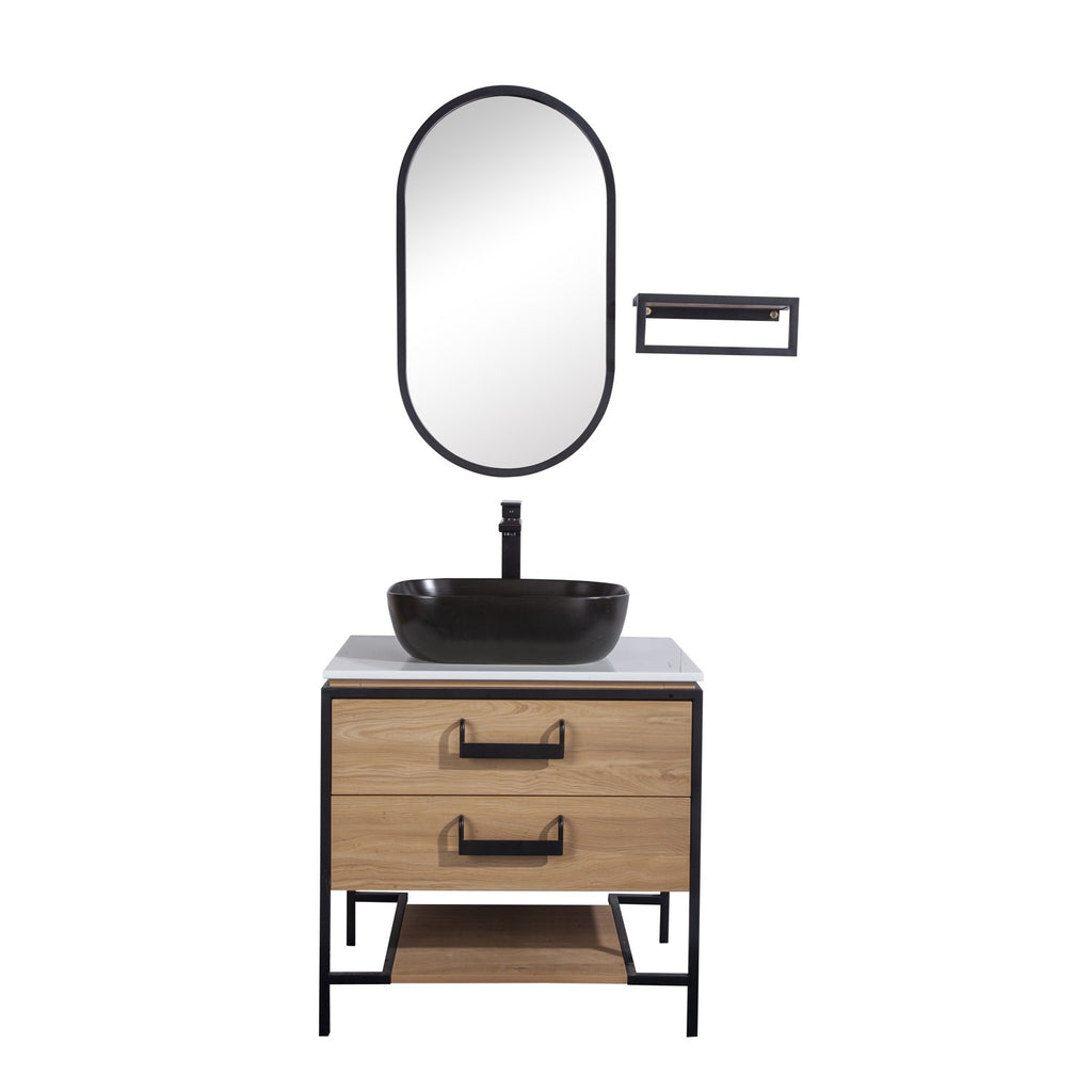 30" Single Vanity Cabinet Set, Floor Mount, Mirror and Black Ceramic Vessel Sink with Gloss White Glass Countertop, 2 Drawers and Shelf, Ash Finish, Harper Collection by DAX