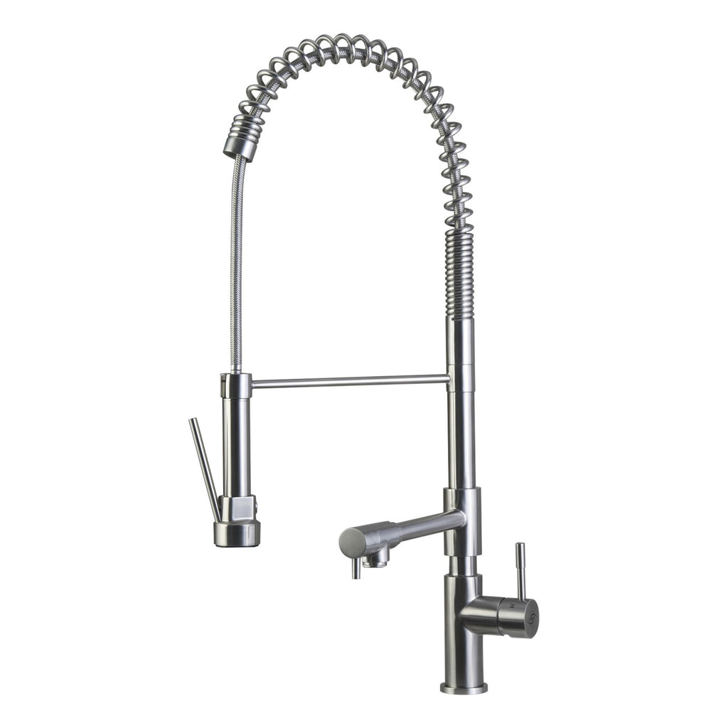 DAX Commercial Style Pull Down Kitchen Faucet with Double Spout, Swivel, Stainless Steel Body, Brushed Finish, Size 9 x 24-13/16 Inches (DAX-C001-05)