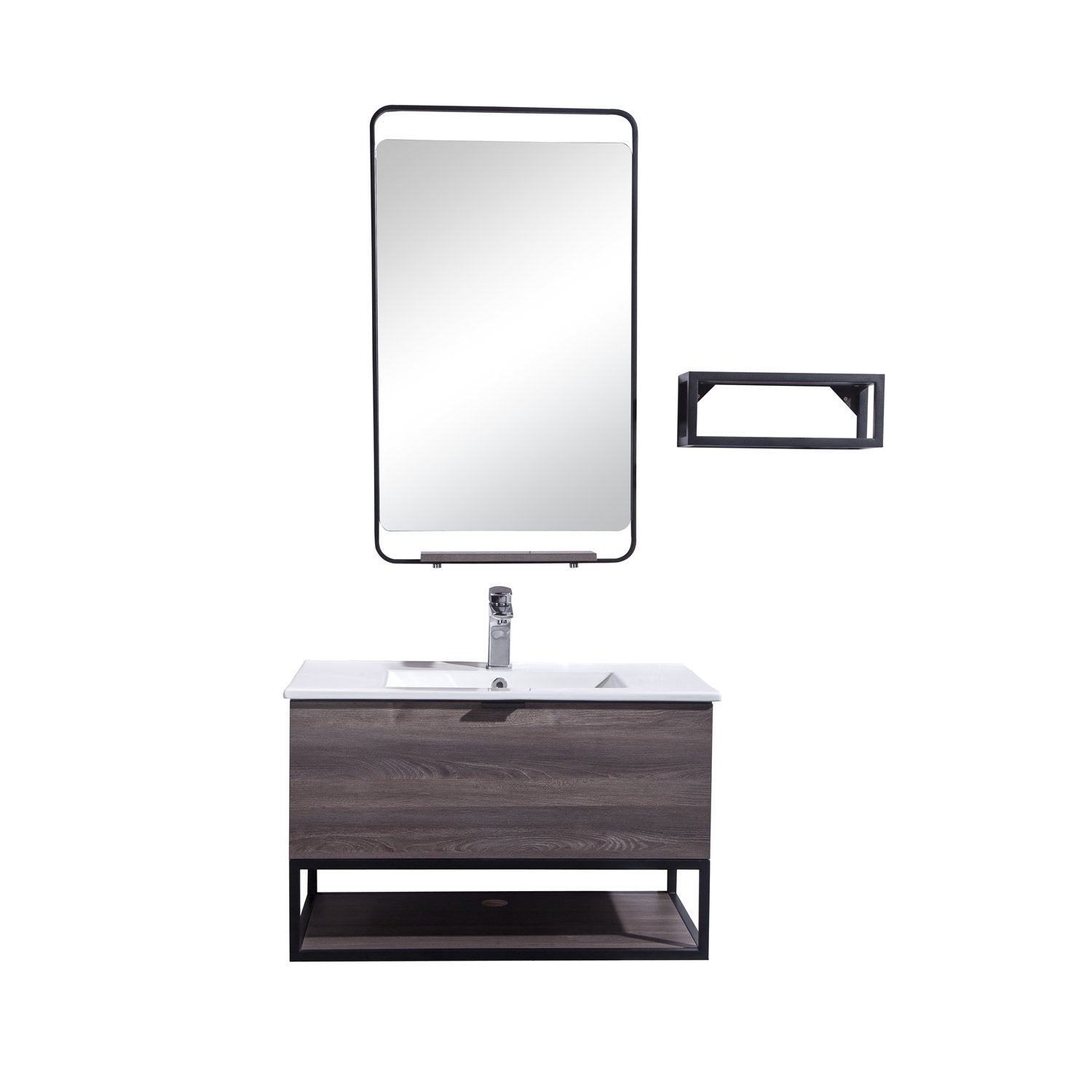 32" Single Vanity Cabinet Set, Wall Mount, Mirror and White Ceramic Sink with Glass Gloss White Ceramic Countertop, Drawer and Shelf, ELM Finish, Veneto Collection by DAX