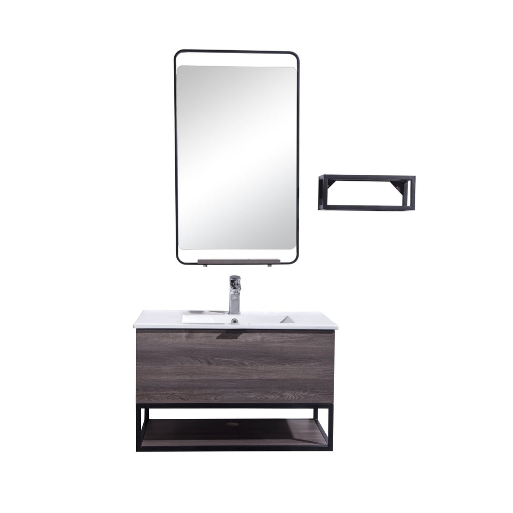 32" Single Vanity Cabinet Set, Wall Mount, Mirror and White Ceramic Sink with Glass Gloss White Ceramic Countertop, Drawer and Shelf, ELM Finish, Veneto Collection by DAX