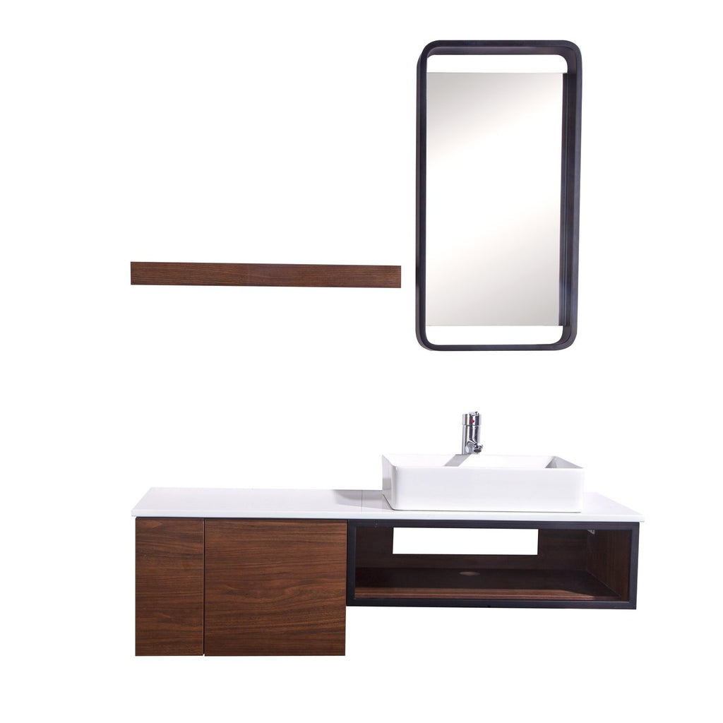 48" Single Vanity Cabinet Set, Wall Mount, Mirror and White Ceramic Vessel Sink with Gloss White Glass Countertop, Cabinet with Shelves, Black Walnut Finish, Citta Collection by DAX