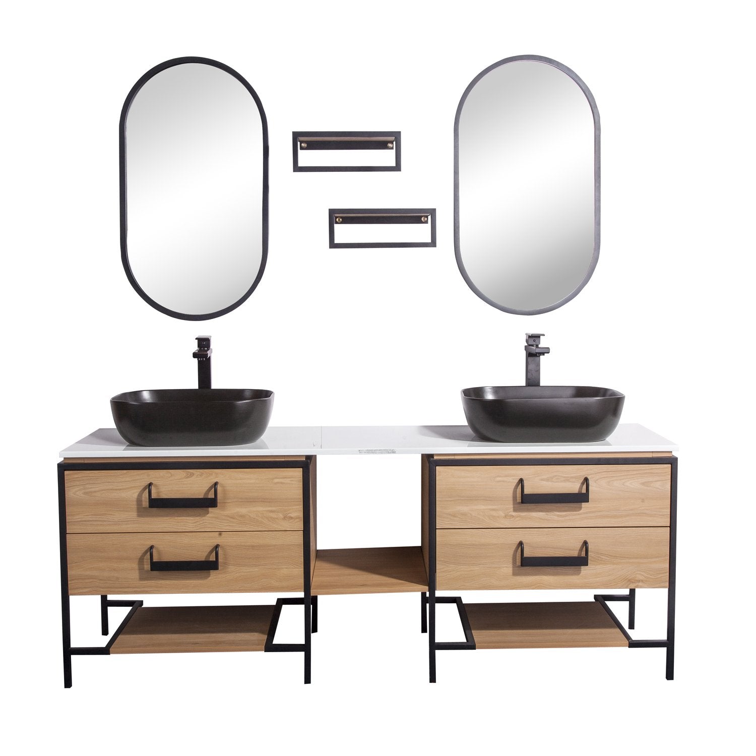 72" Double Vanity Cabinet Set, Floor Mount, 2 Mirror and 2 Matt Black Ceramic Vessel Sink with Gloss White Glass Countertop, 4 Drawers and 2 Shelves, Ash Finish, Harper Collection by DAX