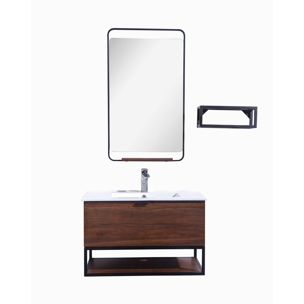 32" Single Vanity Cabinet Set, Wall Mount, Mirror and White Ceramic Sink with Glass Gloss White Ceramic Countertop, Drawer and Shelf, Black Walnut Finish, Veneto Collection by DAX