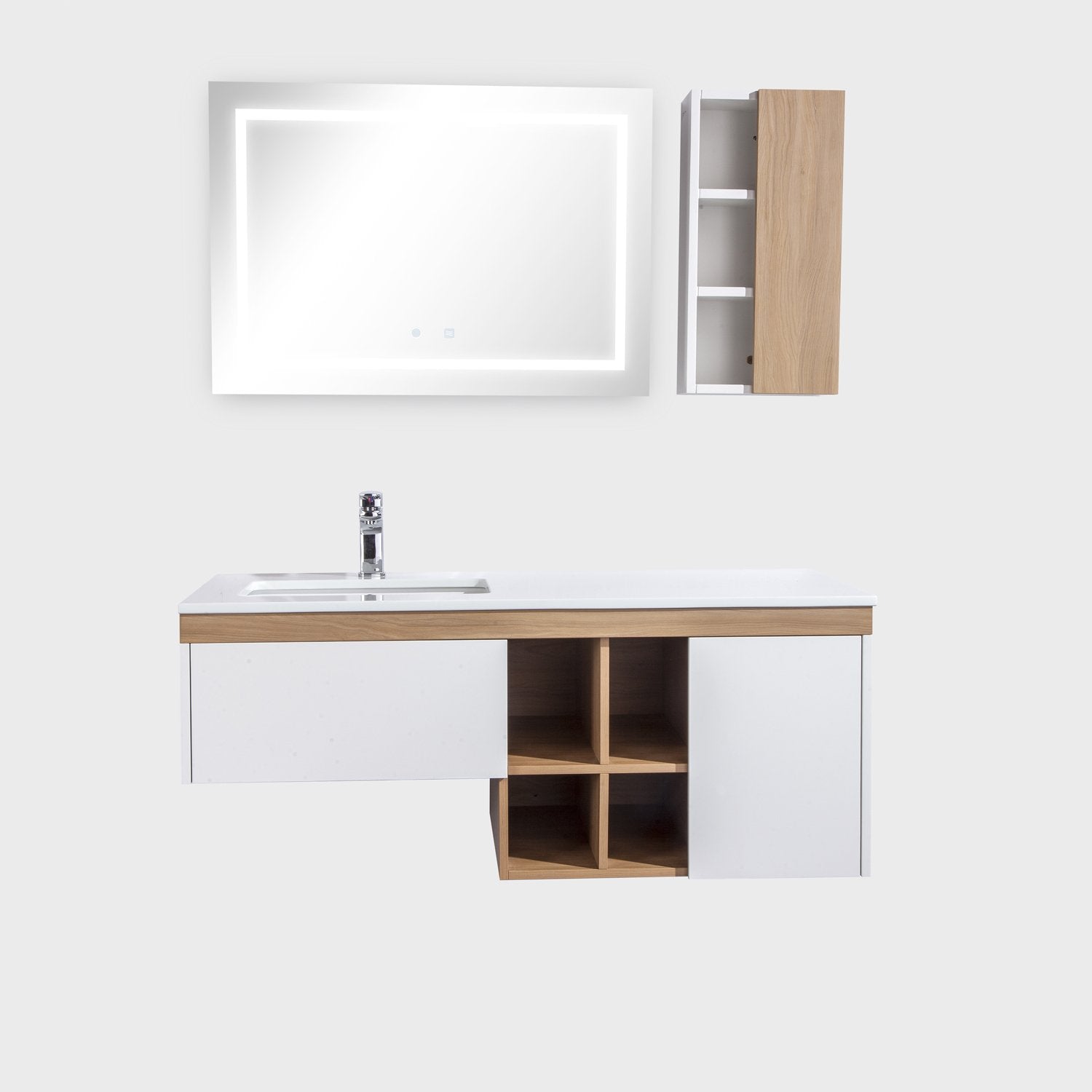 48" Single Vanity Cabinet Set, Wall Mount, LED Mirror and White Ceramic Sink with Gloss White Glass Countertop, Side Cabinet with Shelves, Ash Finish, Bali Collection by DAX