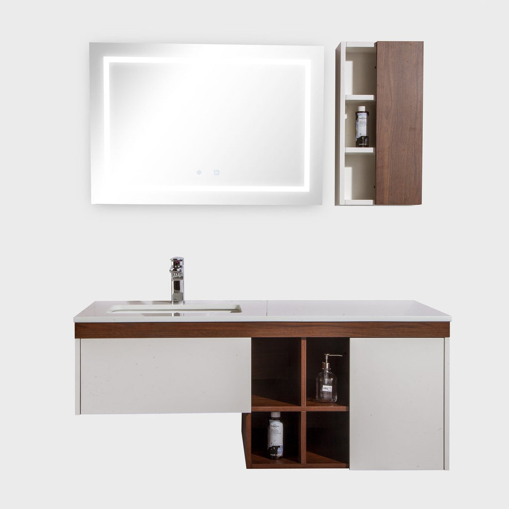 48" Single Vanity Cabinet Set, Wall Mount, LED Mirror and White Ceramic Sink with Gloss White Glass Countertop, Side Cabinet with Shelves, Black Walnut Finish, Bali Collection by DAX