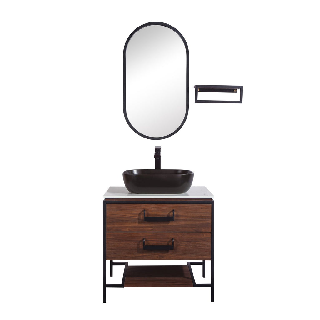 30" Single Vanity Cabinet Set, Floor Mount, Mirror and Black Ceramic Vessel Sink with Gloss White Glass Countertop, 2 Drawers and Shelf, Black Walnut Finish, Harper Collection by DAX