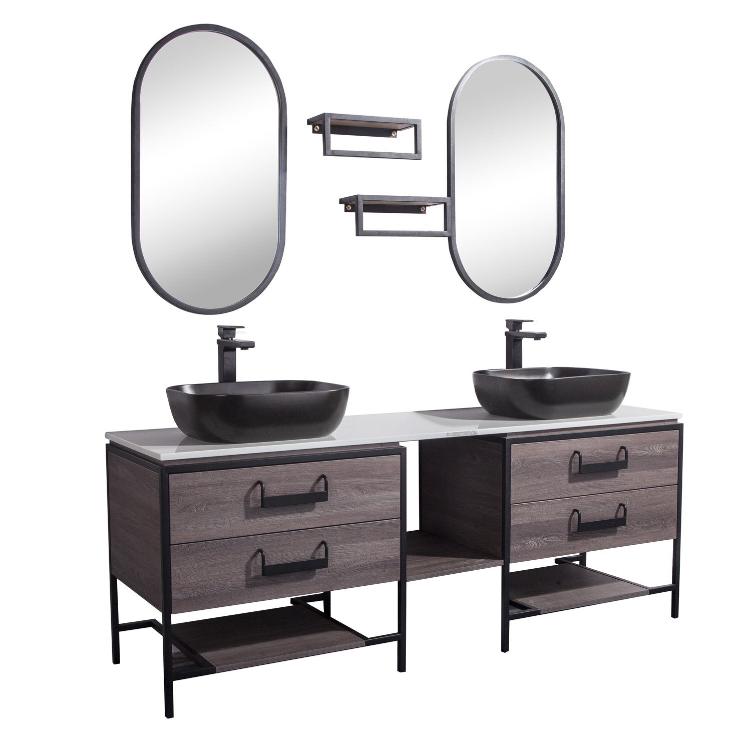 72" Double Vanity Cabinet Set, Floor Mount, 2 Mirror and 2 Matt Black Ceramic Vessel Sink with Gloss White Glass Countertop, 4 Drawers and 2 Shelves, ELM Finish, Harper Collection by DAX