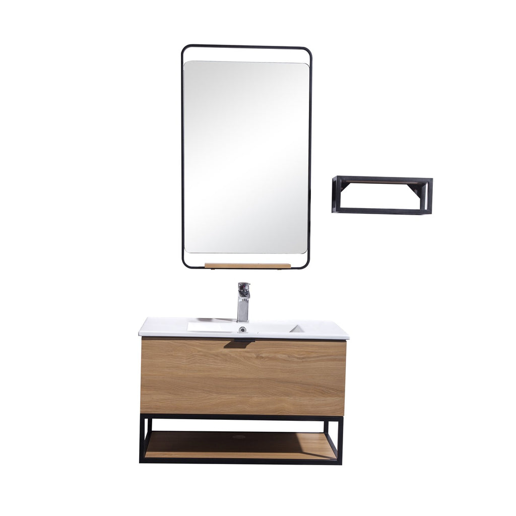32" Single Vanity Cabinet Set, Wall Mount, Mirror and White Ceramic Sink with Glass Gloss White Ceramic Countertop, Drawer and Shelf, Ash Finish, Veneto Collection by DAX