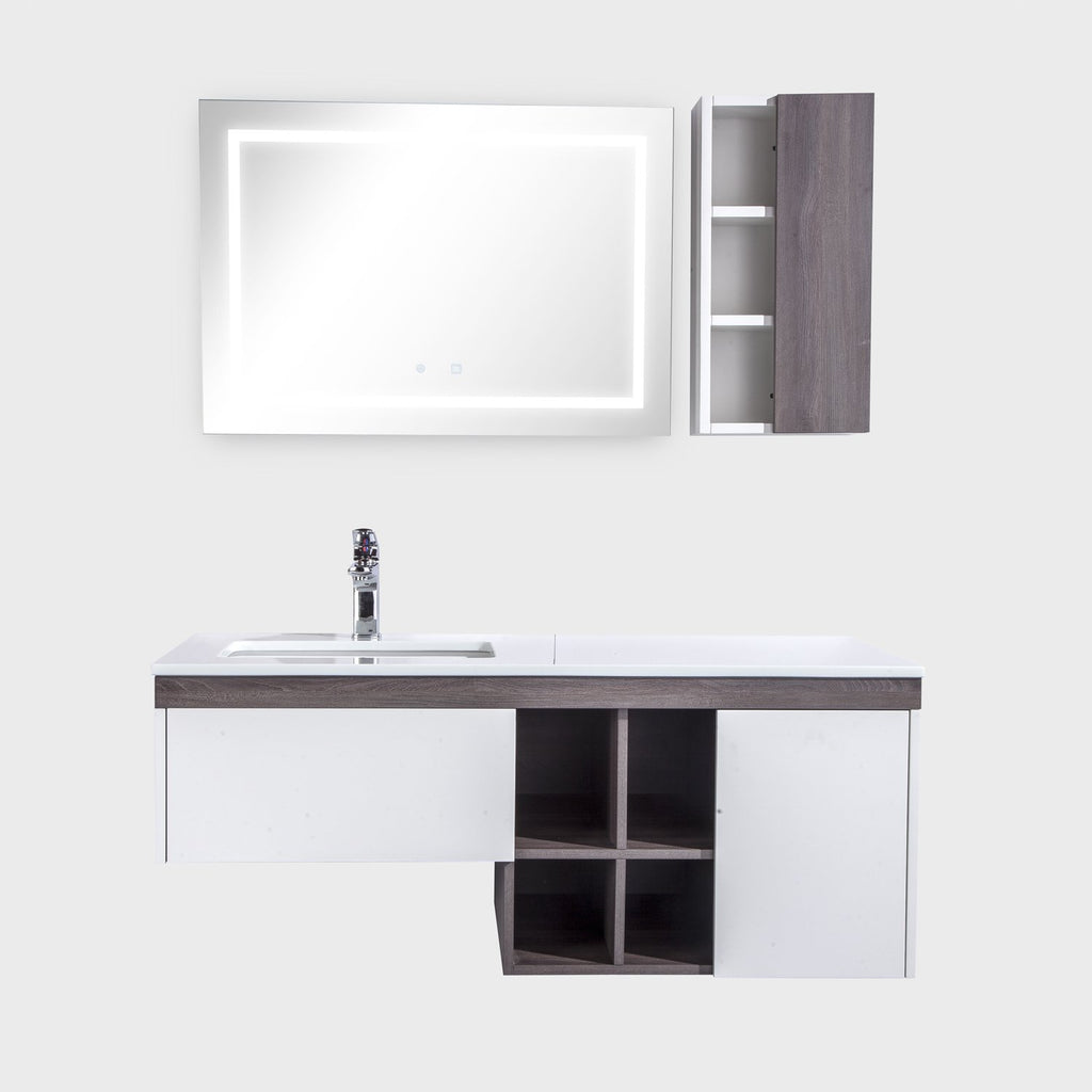 48" Single Vanity Cabinet Set, Wall Mount, LED Mirror and White Ceramic Sink with Gloss White Glass Countertop, Side Cabinet with Shelves, ELM Finish, Bali Collection by DAX