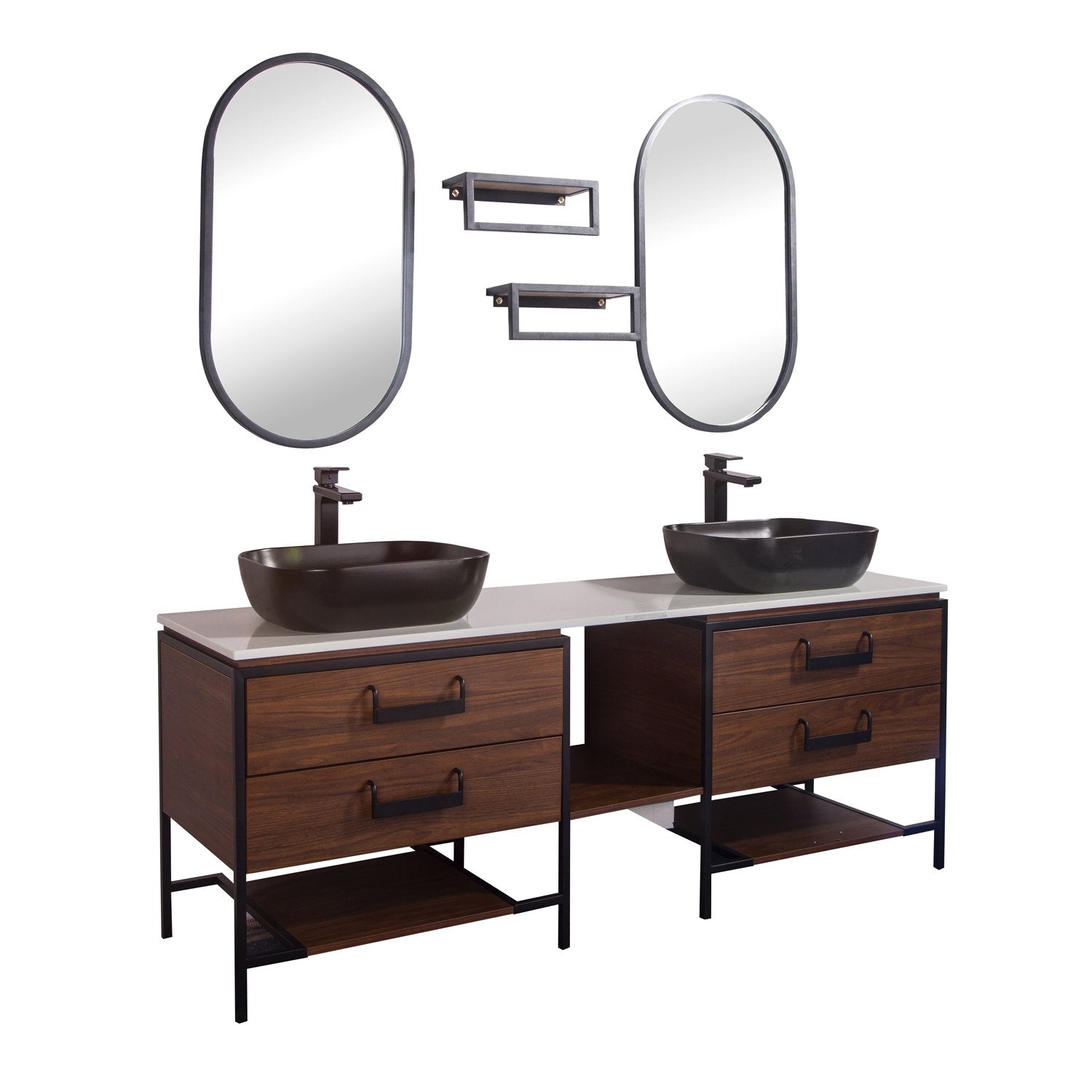 72" Double Vanity Cabinet Set, Floor Mount, 2 Mirror and 2 Matt Black Ceramic Vessel Sink with Gloss White Glass Countertop, 4 Drawers and 2 Shelves, Matt Black Walnut Finish, Harper Collection by DAX