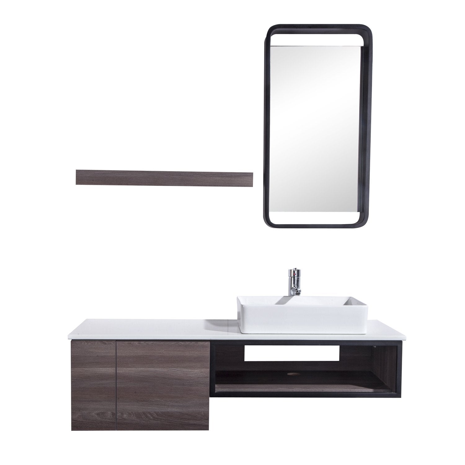 48" Single Vanity Cabinet Set, Wall Mount, Mirror and White Ceramic Vessel Sink with Gloss White Glass Countertop, Cabinet with Shelves, ELM Finish, Citta Collection by DAX