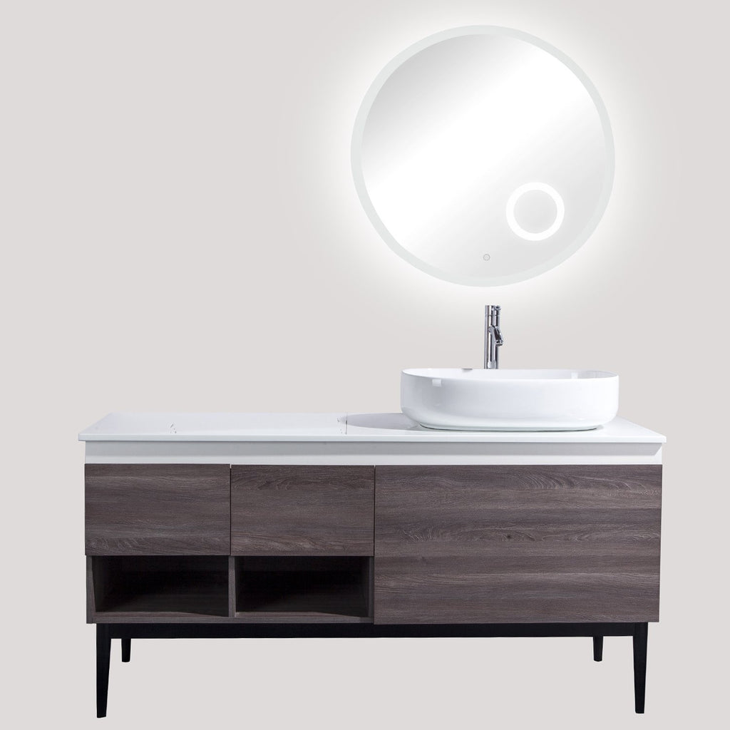 60" Single Vanity Cabinet Set, Floor Mount, 3X LED Mirror, White Ceramic Vessel Sink with Gloss White Glass Countertop, 2 Drawers and 4 Shelves, ELM Finish, Monaco Collection by DAX