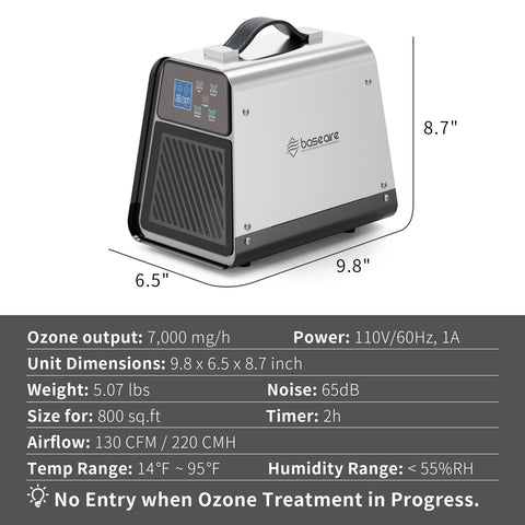 BaseAire 888 Pro 7,000 mg/h Ozone Generator, Digital O3 Machine Home Ozone Machine Deodorizer for Rooms, Smoke, Cars and Pets, Compact, Carry Handle, Best for Odor Stop Control