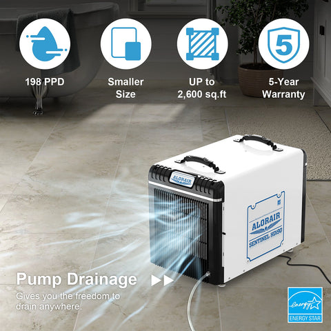 AlorAir Basement/Crawlspace Dehumidifiers 198 PPD (Saturation), 90 Pints (AHAM), 5 Years Warranty, Condensate Pump, Auto Defrosting, Rare Earth Alloy Tube Evaporator, Remote Control (optional)