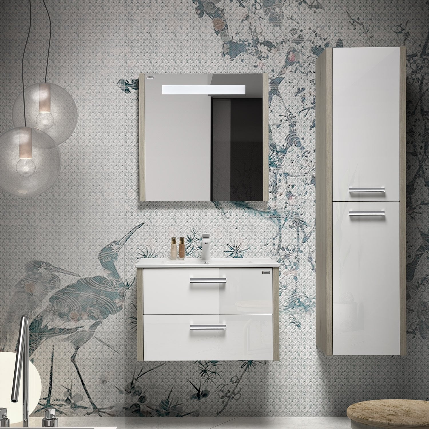 32" Single Vanity, Wall Mount, 2 Drawers with Soft Close, Sand - White, Serie Nova by VALENZUELA