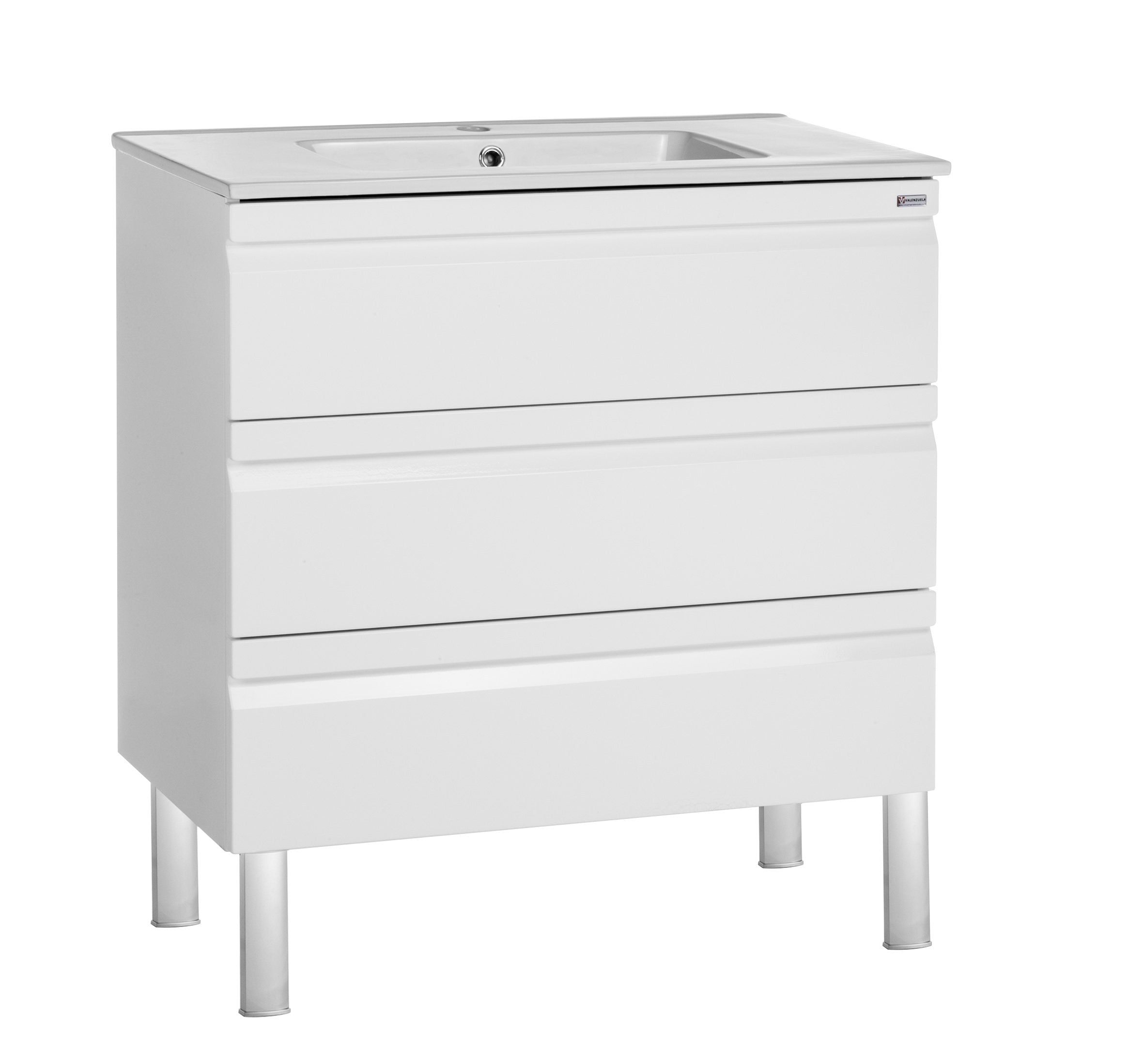 32" Single Vanity, Floor Mount, 3 Drawers with Soft Close, White Glossy, Serie Solco by VALENZUELA