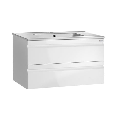 28" Single Vanity, Wall Mount, 2 Drawers with Soft Close, White Glossy, Serie Solco by VALENZUELA