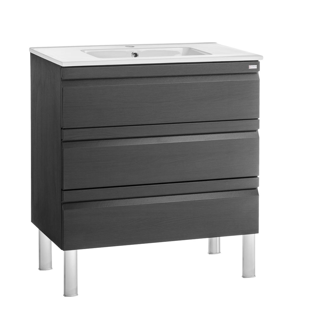 24" Single Vanity, Floor Mount, 3 Drawers with Soft Close, Grey, Serie Solco by VALENZUELA