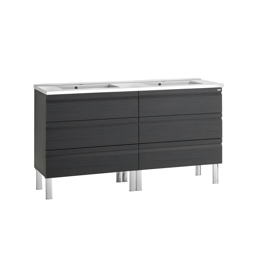 64" Double Vanity, Floor Mount, 6 Drawers with Soft Close, Grey, Serie Solco by VALENZUELA