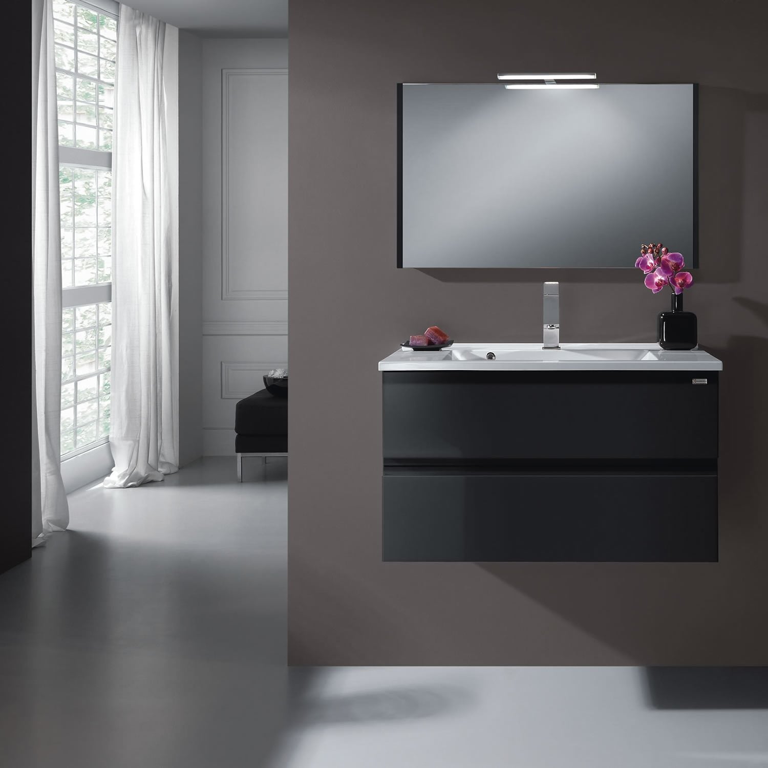 32" Single Vanity, Wall Mount, 2 Drawers with Soft Close, Grey, Serie Solco by VALENZUELA