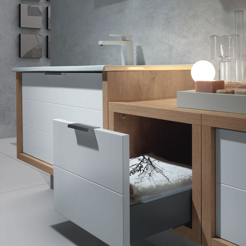 32" Single Vanity, Wall Mount, Drawer with Soft Close, Oak - White, Serie Tino by VALENZUELA