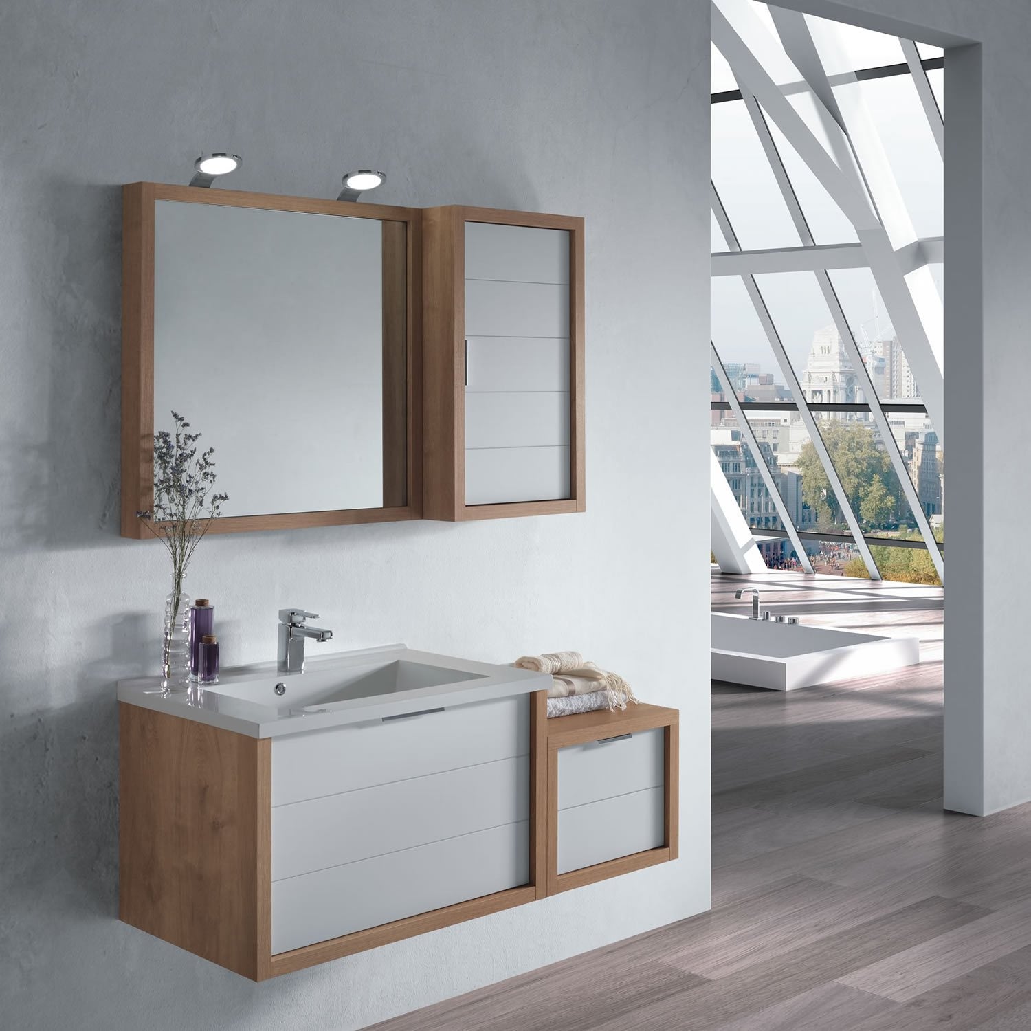 32" Single Vanity, Wall Mount, Drawer with Soft Close, Oak - White, Serie Tino by VALENZUELA