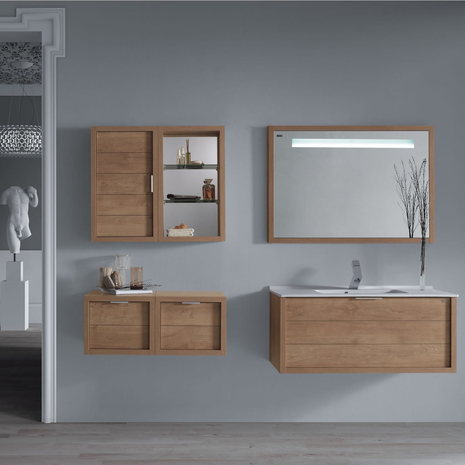 24" Single Vanity, Wall Mount, Drawer with Soft Close, Oak, Serie Tino by VALENZUELA