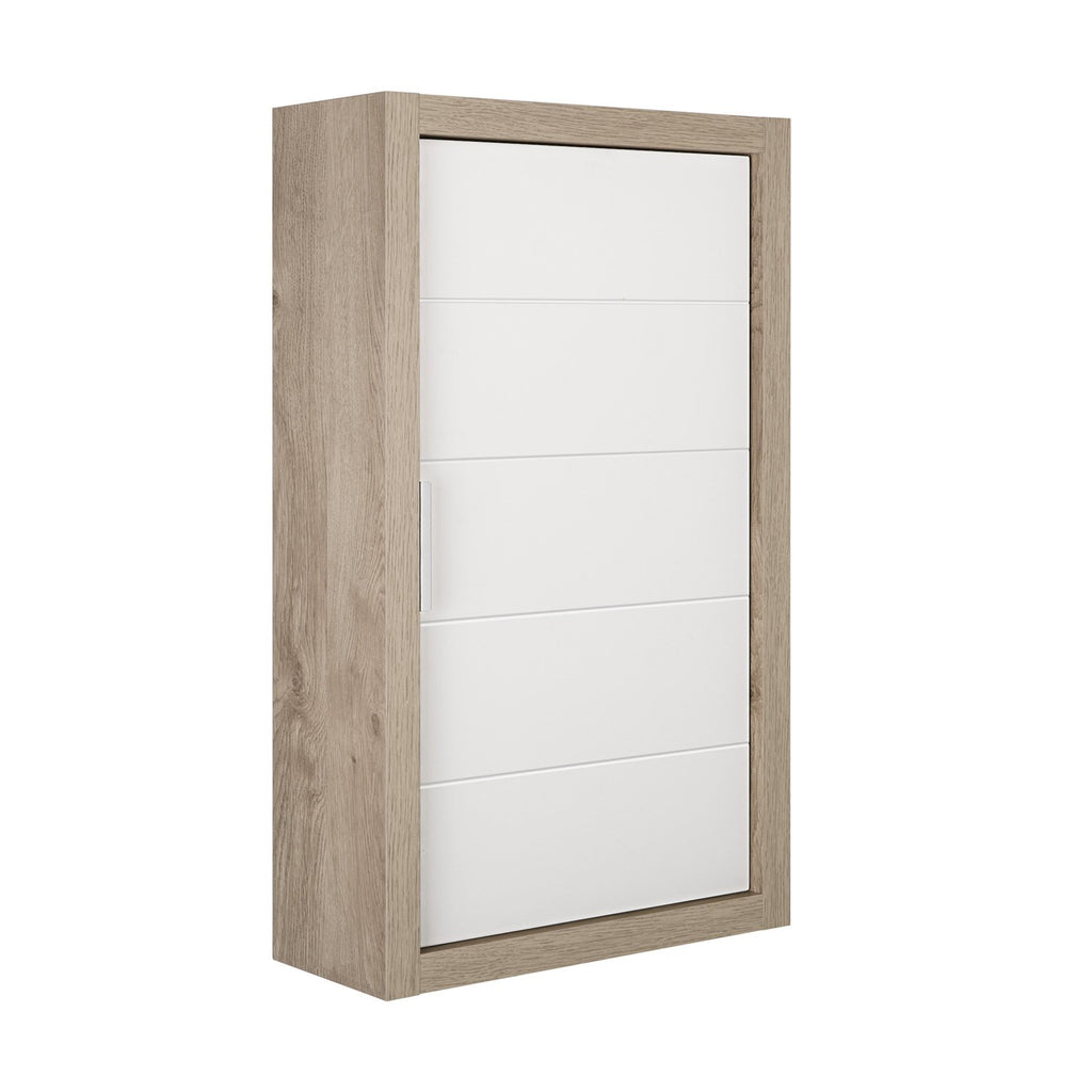 16" Small Side Cabinet, Wall Mount, 1 Door with Handle Soft Close and Reversible Opening, Oak - White, Serie Tino by VALENZUELA