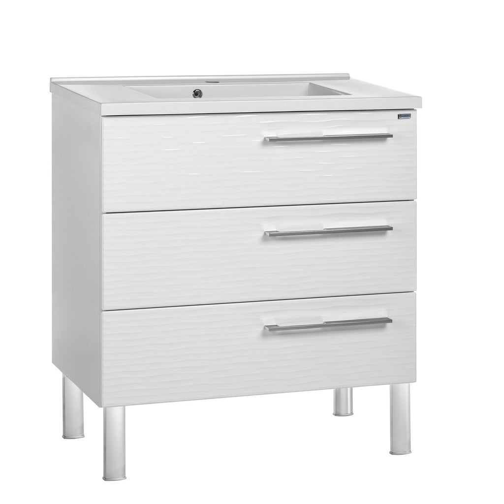 32" Single Vanity, Floor Mount, 3 Drawers with Soft Close, White Glossy, Serie Dune by VALENZUELA
