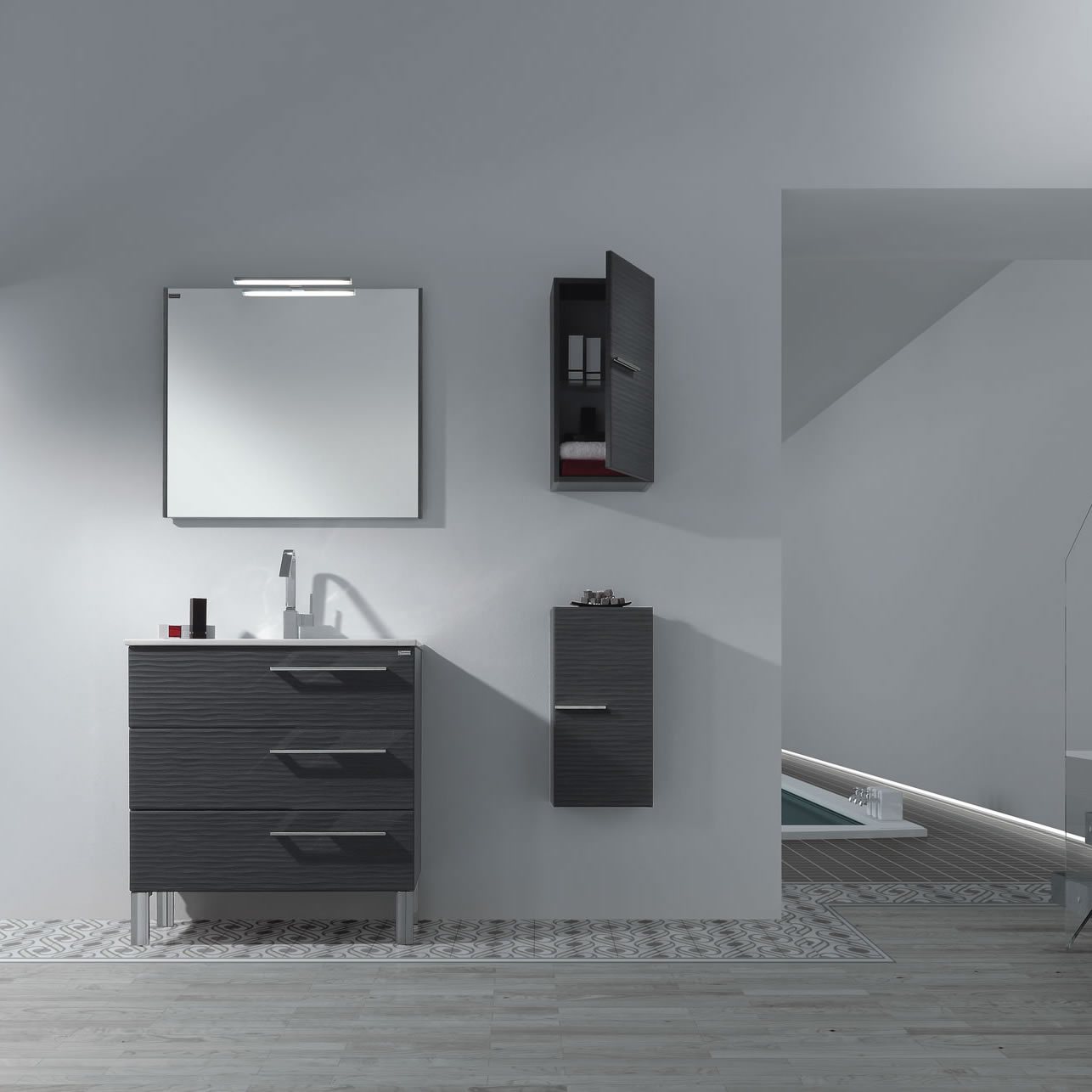 24" Single Vanity, Floor Mount, 3 Drawers with Soft Close, Grey, Serie Dune by VALENZUELA