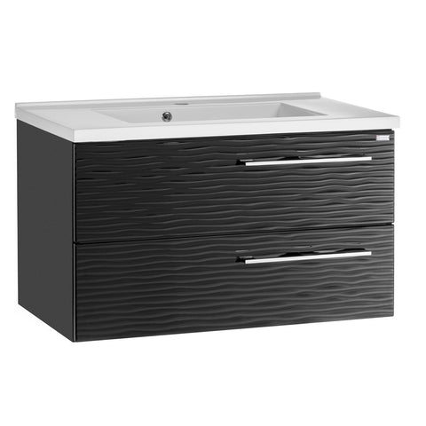 32" Single Vanity, Wall Mount, 2 Drawers with Soft Close, Black Glossy, Serie Dune by VALENZUELA