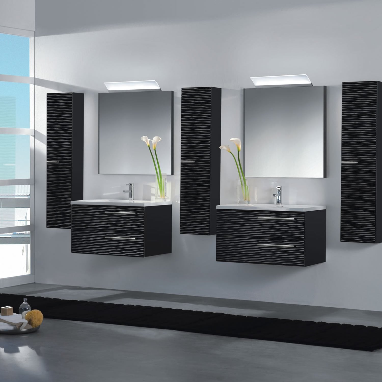 32" Single Vanity, Wall Mount, 2 Drawers with Soft Close, Black Glossy, Serie Dune by VALENZUELA