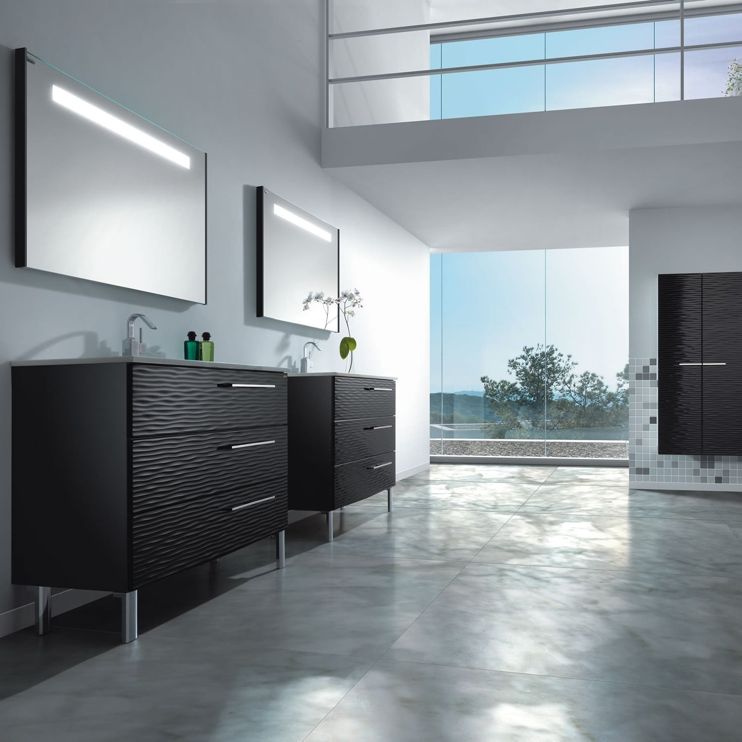 48" Single Vanity, Floor Mount, 3 Drawers with Soft Close, Black Glossy, Serie Dune by VALENZUELA