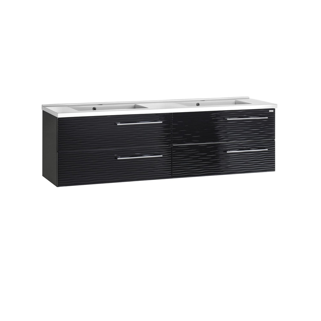 56" Double Vanity, Wall Mount, 4 Drawers with Soft Close, Black, Serie Dune by VALENZUELA