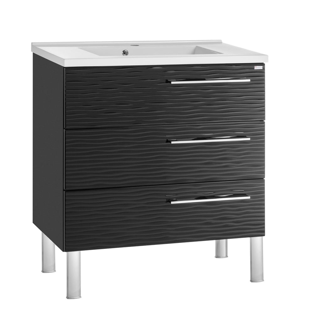 32" Single Vanity, Floor Mount, 3 Drawers with Soft Close, Black Glossy, Serie Dune by VALENZUELA