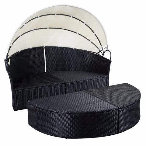 BRAVO! Outdoor Patio Sofa Furniture Round Retractable Canopy Daybed Black Wicker Rattan Outdoor Furniture  HW51820+