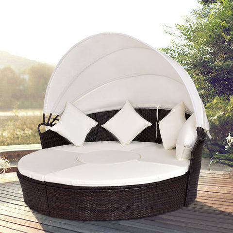 BRAVO! Outdoor Patio Canopy Cushioned Daybed Round Retractable Sofa Bed Modern Rattan Furniture Set HW54808+