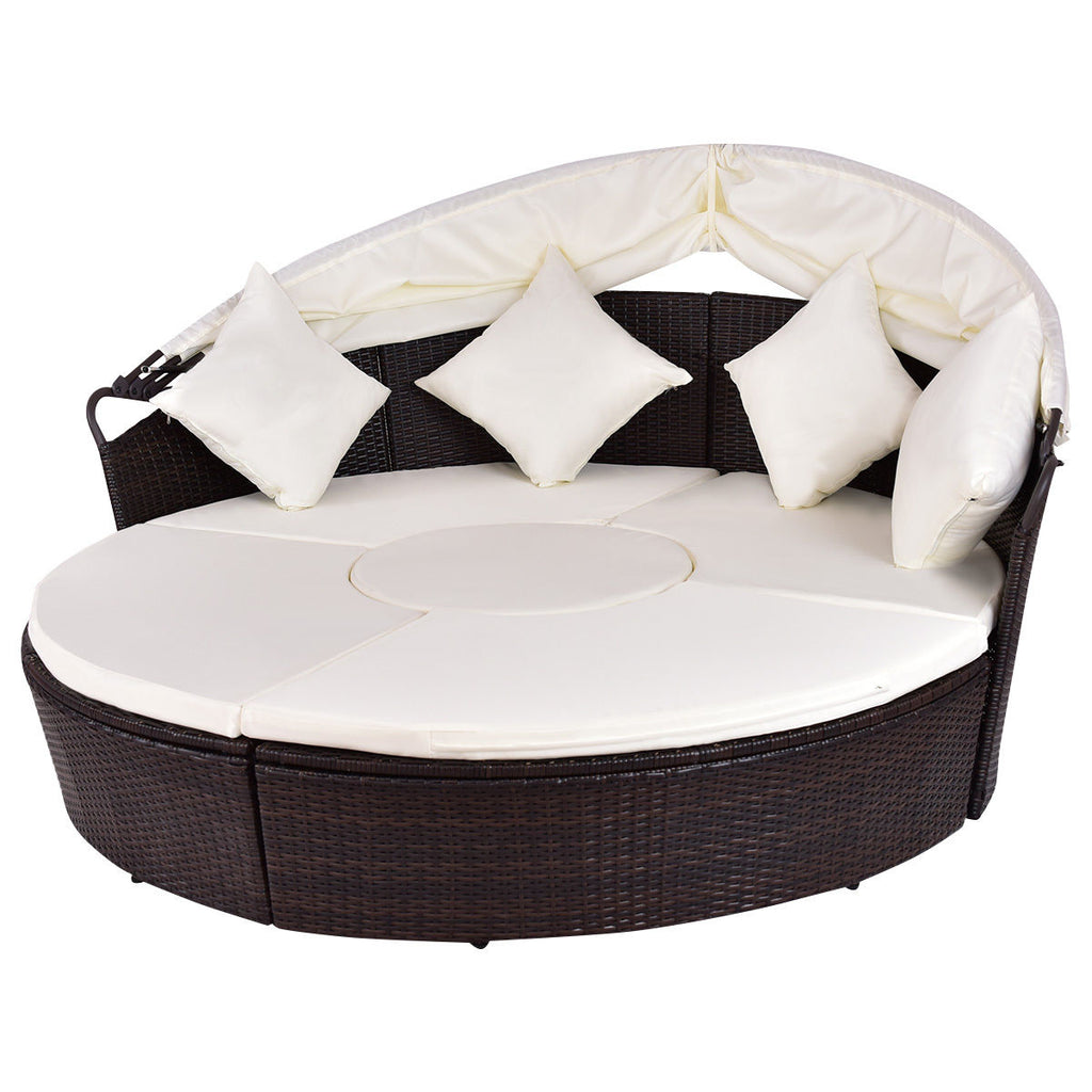 BRAVO! Outdoor Patio Canopy Cushioned Daybed Round Retractable Sofa Bed Modern Rattan Furniture Set HW54808+