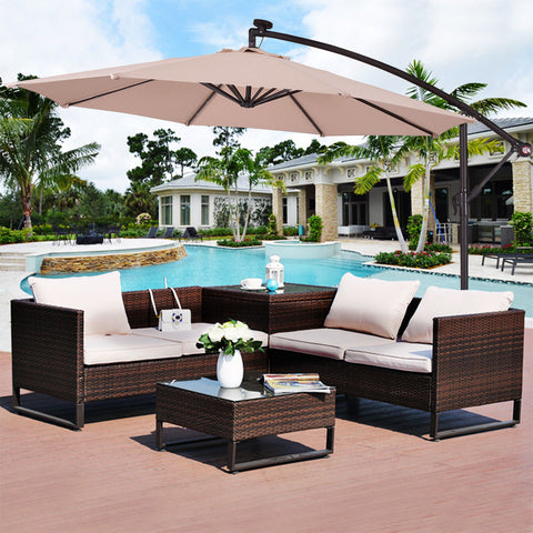 BRAVO! Castway 10' Hanging Solar LED Umbrella Patio Sun Shade Offset Market W/Base Beige