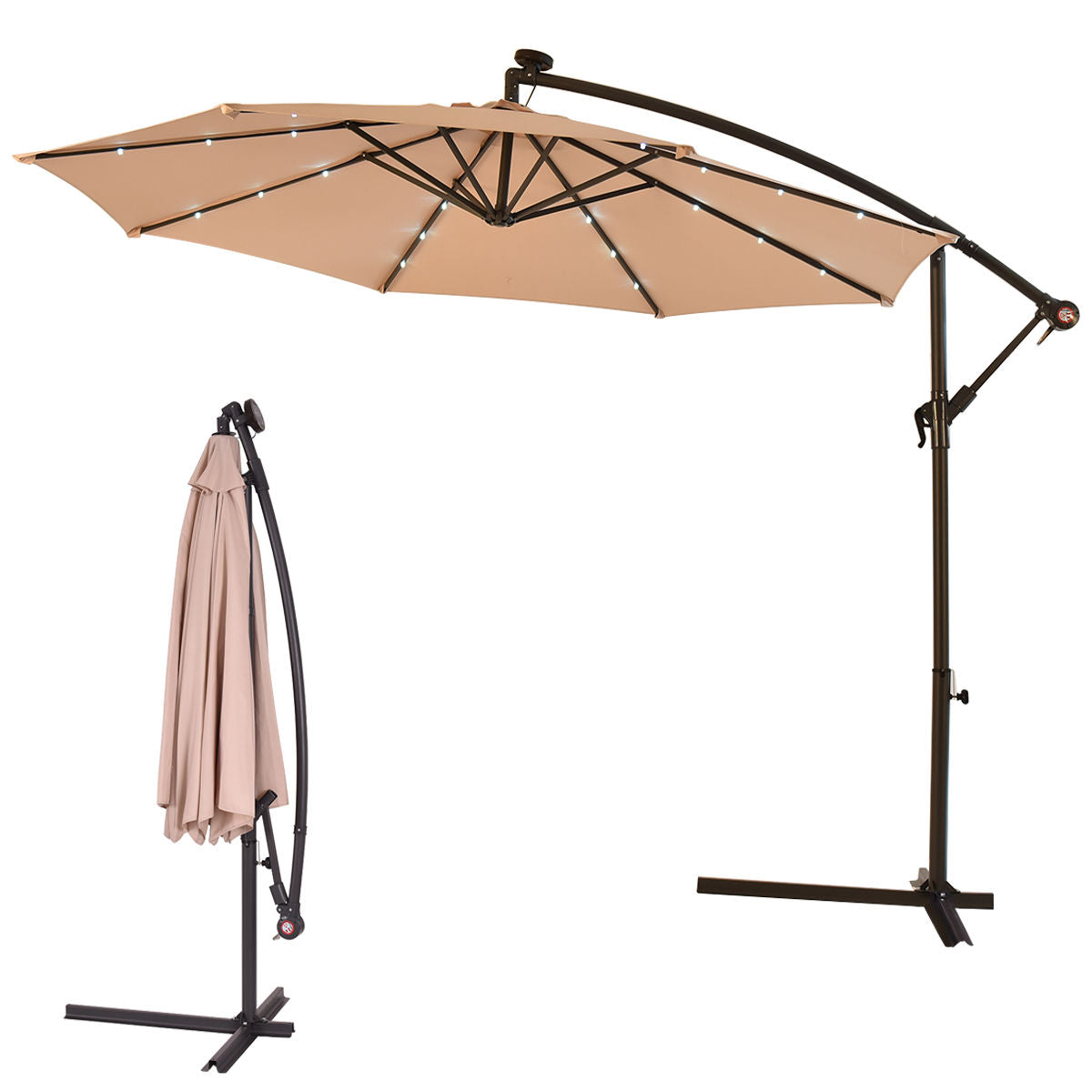 BRAVO! Castway 10' Hanging Solar LED Umbrella Patio Sun Shade Offset Market W/Base Beige