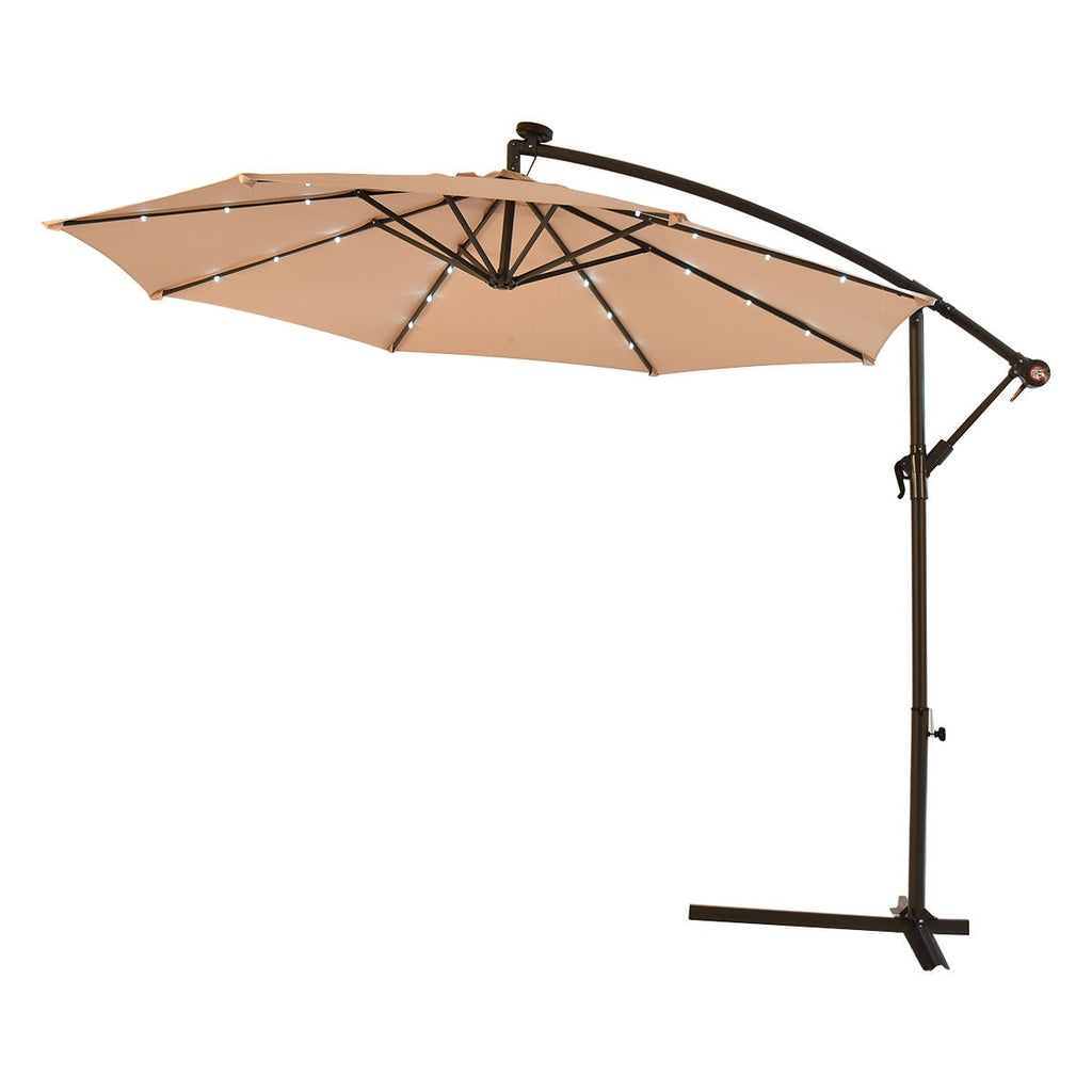 BRAVO! Castway 10' Hanging Solar LED Umbrella Patio Sun Shade Offset Market W/Base Beige